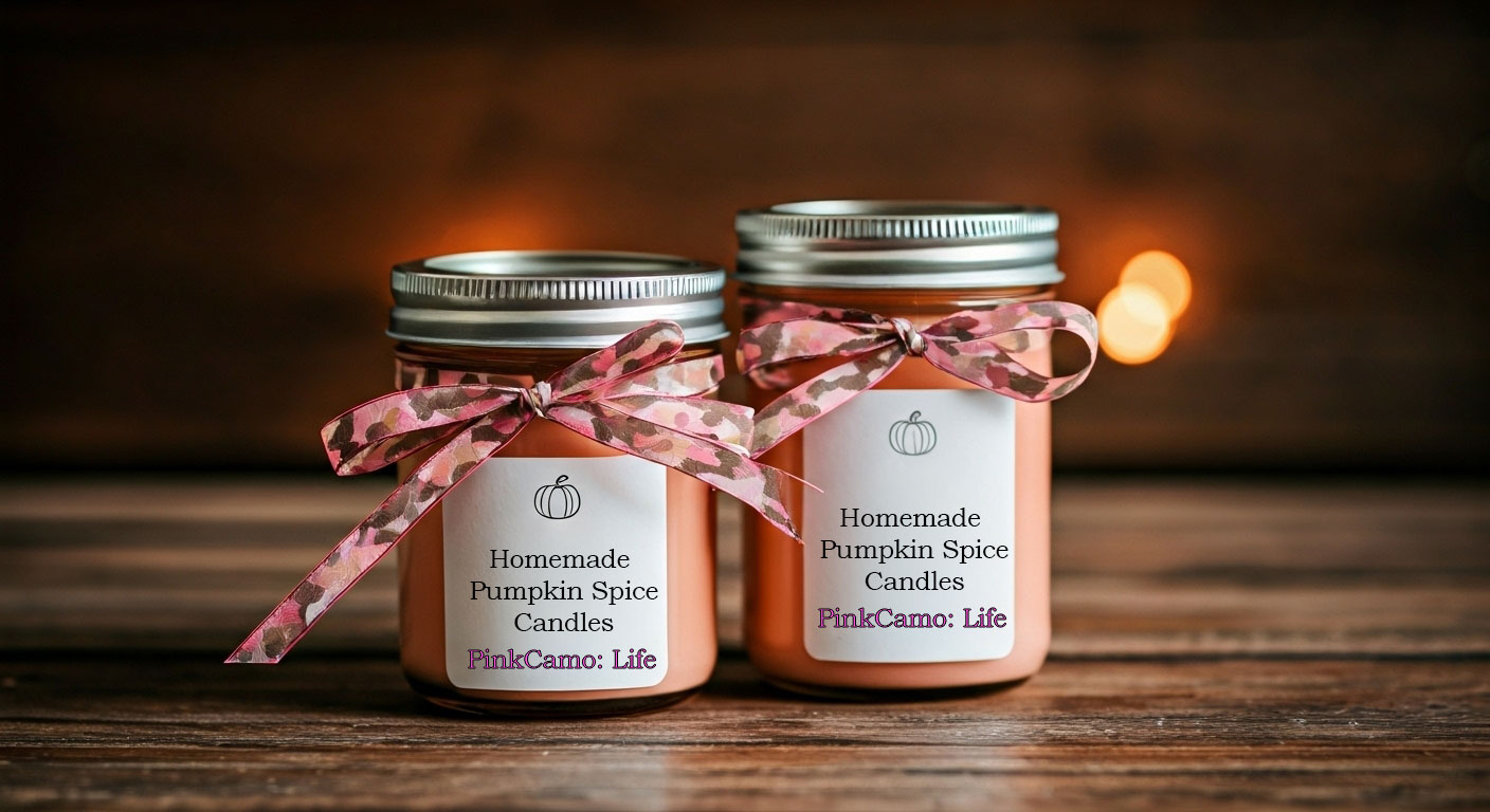 A close up, beautifully styled photo of a few homemade pumpkin spice candles in mason jars, with a hint of the pink camo ribbon.