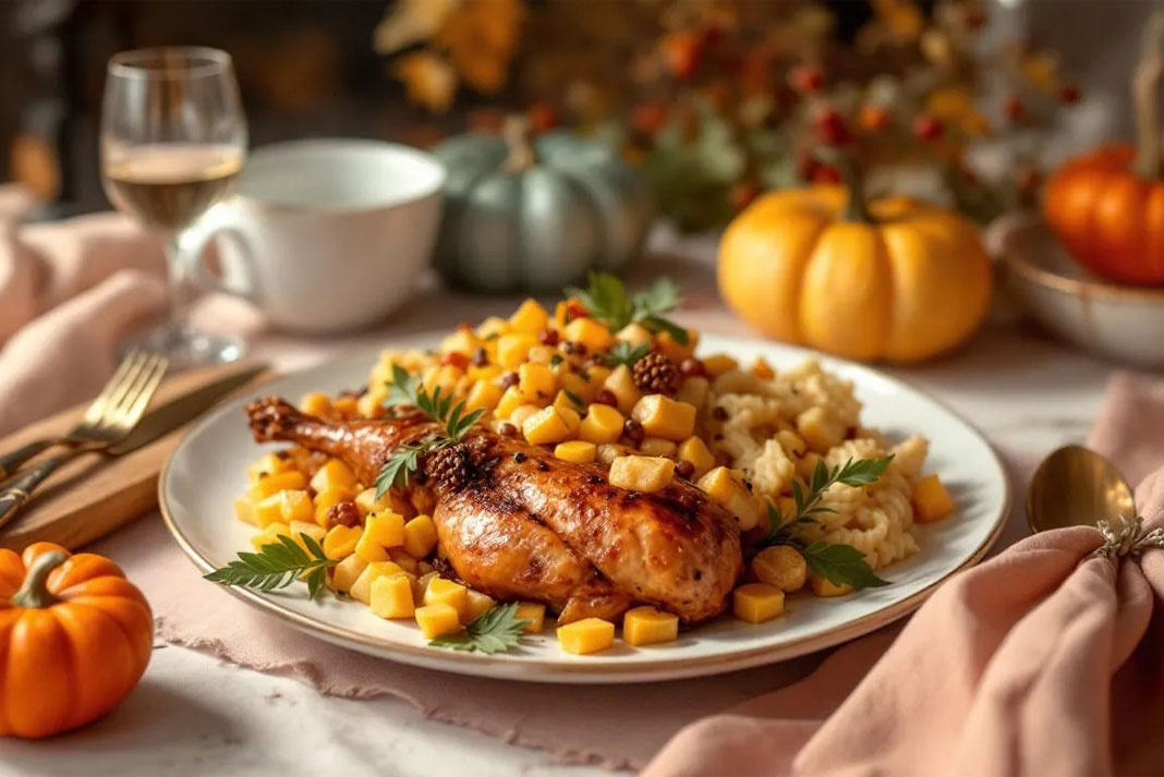 A delicious photo showcasing a Thanksgiving meal with pink camo styling A delicious photo showcasing a Thanksgiving meal with pink camo styling