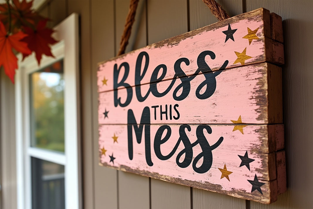 A styled photo of a rustic pallet sign hanging on a porch with a fall quote Bless This Mess and a touch of pink camo